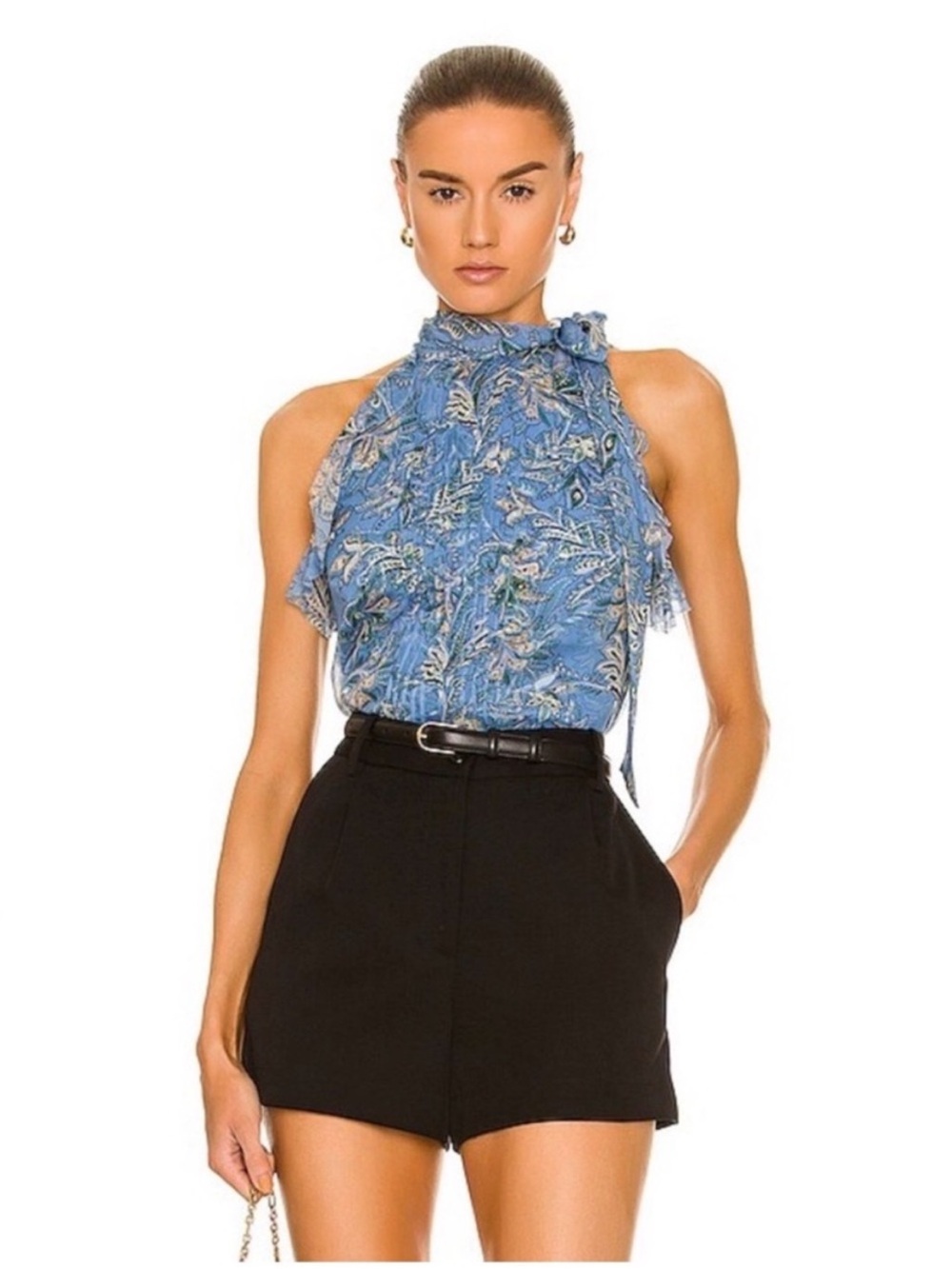VERONICA BEARD Dali Floral
Sleeveless Silk Top Blue
Pleated Ruffle
